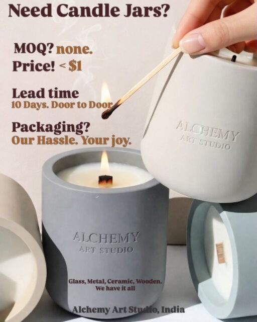 A Candle is not just about the wax. It’s the sophisticated premium containers that sells. 
Alchemy in India, offers more than 10,000 SKUs to choose from.

MOQ? None. We work on as low as 100 pcs
Price? Buy Anything from $0.25 to $4/pc 
Logistics? Duhh. We Deliver at your Doorstep
Lead Time? 7 Days for < 5,000 
That’s not all. Packaging? Done & Done. 

Pour the Candles, sell it away. Your hassle is our joy. 

Connect now on info@alchemyartstudios.com, +91-9625677800 (whatsapp)

#candle  #candles #candlelover #candlelight #candlemaking
