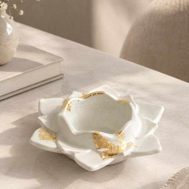 Where sculptural form meets a touch of gold. ✨

This lotus-inspired ceramic piece brings together soft, organic contours, a glossy white finish and hand-applied gold detailing to create a refined decorative accent. Its layered petal-like silhouette adds dimension and character, making it equally suited for a candle, jewellery, trinkets or as a standalone tabletop piece. The combination of clean white ceramic and irregular gold accents gives it a timeless appeal that works beautifully across contemporary, elegant and luxury-inspired interiors.

At @alchemyart.studio , we manufacture and export distinctive ceramic, glass, metal and other home décor products for international brands, retailers and private-label businesses. Our focus goes beyond the shape of a product—we pay close attention to material quality, smooth finishing, consistency, detailing and overall presentation so that each design feels refined and production-ready. From sculptural containers and decorative bowls to candle vessels and functional décor, products can be developed with different shapes, colours, textures, finishes and decorative treatments to suit individual collections and brand aesthetics.