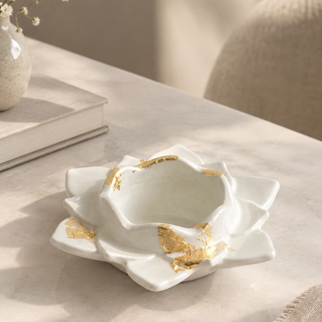 Where sculptural form meets a touch of gold. ✨

This lotus-inspired ceramic piece brings together soft, organic contours, a glossy white finish and hand-applied gold detailing to create a refined decorative accent. Its layered petal-like silhouette adds dimension and character, making it equally suited for a candle, jewellery, trinkets or as a standalone tabletop piece. The combination of clean white ceramic and irregular gold accents gives it a timeless appeal that works beautifully across contemporary, elegant and luxury-inspired interiors.

At @alchemyart.studio , we manufacture and export distinctive ceramic, glass, metal and other home décor products for international brands, retailers and private-label businesses. Our focus goes beyond the shape of a product—we pay close attention to material quality, smooth finishing, consistency, detailing and overall presentation so that each design feels refined and production-ready. From sculptural containers and decorative bowls to candle vessels and functional décor, products can be developed with different shapes, colours, textures, finishes and decorative treatments to suit individual collections and brand aesthetics.