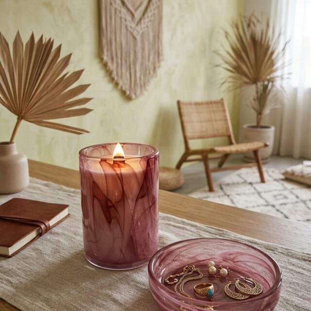 Swirled glass turns light into motion. When lit, the smoky, dusty-rose marbling inside this vessel catches the flame's glow, giving the impression of fluid colour frozen in clear glass.

Pairing a signature candle vessel with a matching trinket dish transforms a single fragrance product into a complete vanity or bedside collection. The organic marbling ensures no two pieces are identical, offering private-label brands a distinctive edge on retail shelves and in e-commerce lifestyle photography.

At Alchemy Art Studio, we custom-engineer and export hand-finished glass containers and home-fragrance packaging tailored for international candle houses and lifestyle brands. Whether you need custom swirl density, specific colour matching, or matching accessory sets, our manufacturing capabilities deliver consistency across large-scale exports.

Would your upcoming collection benefit more from standalone statement vessels, or full matching vanity sets like a candle and trinket dish pair? Let us know in the comments below.

#CandlePackaging #GlasswareManufacturer #HomeFragrance #PrivateLabelCandles #CandleVessels #ProductDesign #AlchemyArtStudio #CustomGlassware #B2BPackaging #LifestyleDesign #candlebrands