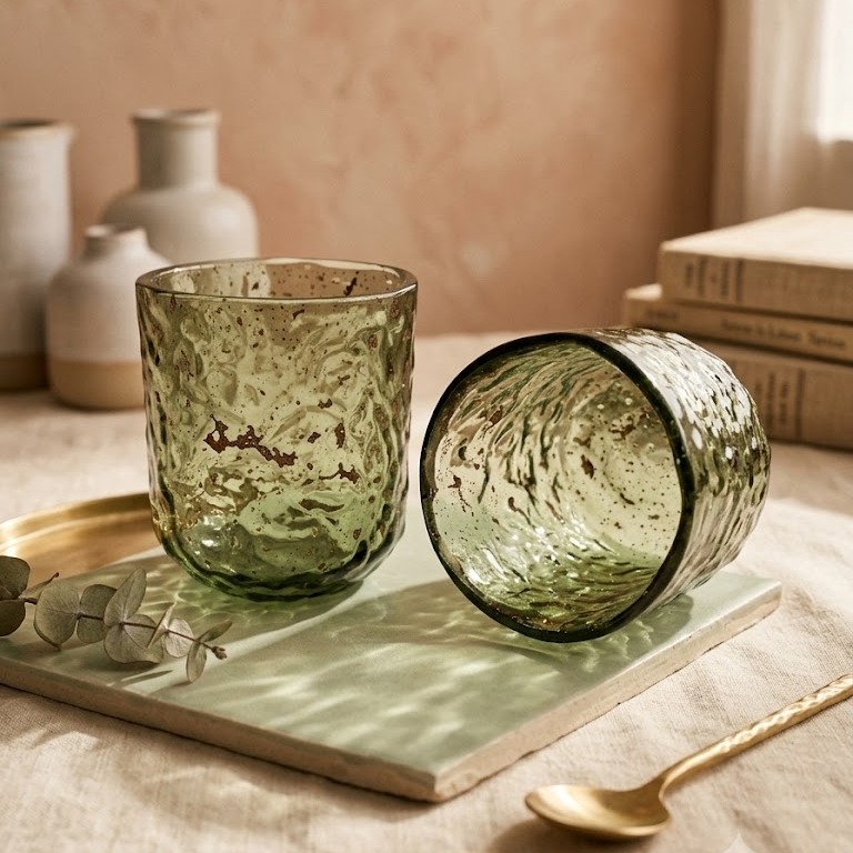 Crafted with hand-blown precision and a subtle speckled glaze, these textured green glasses bring an earthy, organic charm to any tabletop setting. The way the natural light dances across the hammered surface highlights the rich artisanal detail, making everyday moments feel like a quiet luxury. Paired alongside soft linen textures and warm golden accents, they seamlessly elevate your morning iced matcha or evening mocktail routine into a thoughtful ritual.

Whether you are refreshing your home barware collection or curating an effortless dinner table setup, thoughtful accents like these set the perfect mood. Add a touch of vintage-inspired elegance to your space and let your everyday essentials double as decor. ✨🌿

#TabletopDecor #ArtisanalGlassware #AestheticHome #HomeDecorInspo #PinterestAesthetic #GreenGlassware #EarthyVibes #InteriorDetails #TablescapeDesign