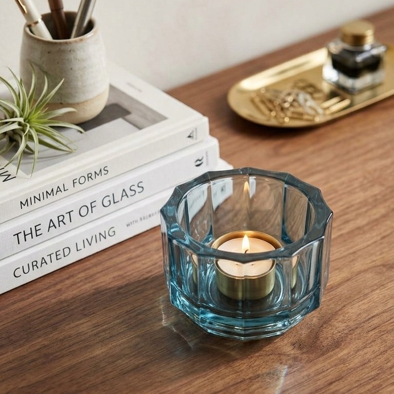 Designed with clean geometric ridges and a subtle smoky-blue hue, this versatile glass vessel brings an air of quiet sophistication to any modern space. The faceted silhouette catches the light beautifully, casting soft ambient shadows across natural wood surfaces whether styled as a tea light holder, an office accent, or a centerpiece for your coffee table. Its architectural form effortlessly bridges the gap between everyday utility and artful decor. 

Elevate your desktop aesthetic or evening relaxation ritual by pairing this vessel with warm brass elements, stacked art books, and minimalist greenery. Perfect for creating a cozy, curated atmosphere, it serves as a gentle reminder that even the simplest desk accessories can transform your daily environment into a place of inspiration. 🕯️🪵

#DeskAesthetic #HomeDecorInspo #PinterestAesthetic #GlasswareDesign #InteriorDetails #CuratedSpace #MinimalistLiving #WarmLighting